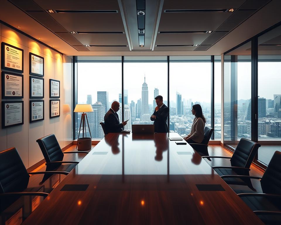 A sleek corporate office interior, bathed in warm, indirect lighting. In the foreground, a glass-walled conference room with a polished mahogany table. Framed regulatory compliance documents and certifications hang on the walls, conveying an atmosphere of professionalism and attention to detail. In the middle ground, financial analysts pore over digital dashboards and spreadsheets, ensuring adherence to the latest BaaS guidelines. In the background, a panoramic city skyline visible through floor-to-ceiling windows, symbolizing the global reach and importance of this industry. The overall mood is one of sophistication, diligence, and a commitment to responsible financial innovation. A sleek corporate office interior, bathed in warm, indirect lighting. In the foreground, a glass-walled conference room with a polished mahogany table. Framed regulatory compliance documents and certifications hang on the walls, conveying an atmosphere of professionalism and attention to detail. In the middle ground, financial analysts pore over digital dashboards and spreadsheets, ensuring adherence to the latest BaaS guidelines. In the background, a panoramic city skyline visible through floor-to-ceiling windows, symbolizing the global reach and importance of this industry. The overall mood is one of sophistication, diligence, and a commitment to responsible financial innovation.