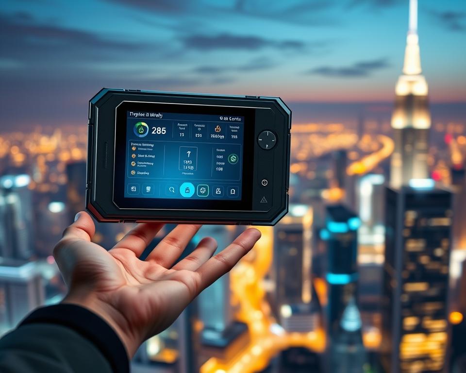 A sleek, futuristic crypto wallet with a biometric display and secure metal casing floats against a backdrop of a cityscape at night. The wallet's screen shows a holographic interface with real-time cryptocurrency data, transaction history, and customizable settings. In the foreground, a user's hand hovers over the wallet, ready to authorize a transfer with their fingerprint. Soft neon lighting illuminates the scene, conveying a sense of innovation and technological advancement in the world of digital finance.