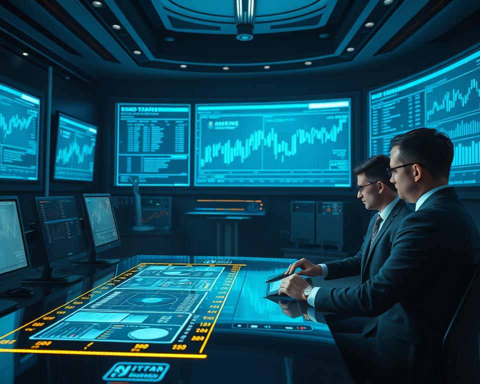 A sleek, futuristic government bond trading platform with holographic displays, virtual trading desks, and advanced analytics dashboards. The room is dimly lit, with a soft blue glow emanating from the screens. High-powered computers and servers hum in the background, processing complex financial data. A team of analysts in crisp suits pore over the latest bond issuance figures, their faces illuminated by the glow of the displays. The atmosphere is one of quiet intensity, as the team works to optimize the government's debt management strategy using the latest technological innovations. A sleek, futuristic government bond trading platform with holographic displays, virtual trading desks, and advanced analytics dashboards. The room is dimly lit, with a soft blue glow emanating from the screens. High-powered computers and servers hum in the background, processing complex financial data. A team of analysts in crisp suits pore over the latest bond issuance figures, their faces illuminated by the glow of the displays. The atmosphere is one of quiet intensity, as the team works to optimize the government's debt management strategy using the latest technological innovations.