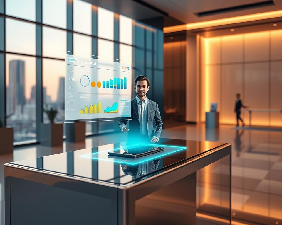 A sleek, modern banking interface hovers holographically above a gleaming glass and metal desk. The foreground features a digital dashboard displaying personalized financial data and insights, its vibrant colors and clean UI design creating an intuitive, user-friendly experience. In the middle ground, a lifelike avatar of the customer greets them, its facial expressions and body language adapting dynamically to their preferences and needs. The background depicts a futuristic banking lobby, with floor-to-ceiling windows offering a panoramic city skyline view, bathed in warm, diffused lighting that establishes a sense of tranquility and sophistication. The overall scene conveys the power of hyper-personalization to elevate the banking customer experience through seamless, intelligent technology tailored to the individual.