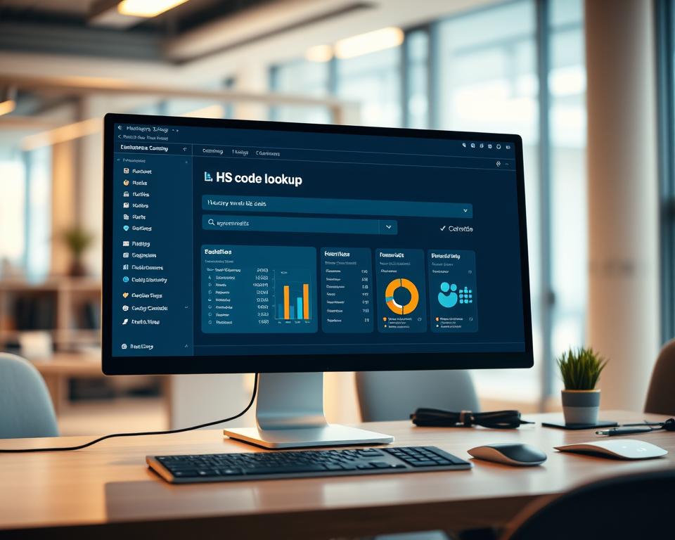 A sleek, modern desktop computer setup with a large, high-resolution display showcasing an intuitive HS code lookup interface. The foreground features a clean, minimalist design with crisp typography and easy-to-navigate menus. The middle ground highlights a search bar and interactive charts displaying HS code information. The background subtly conveys a professional, business-focused atmosphere with blurred office elements. Warm, balanced lighting accentuates the clean lines and digital aesthetics, creating an approachable yet authoritative tone. The overall composition emphasizes the efficiency and user-friendliness of finding the correct HS code through a seamless, technology-driven workflow.