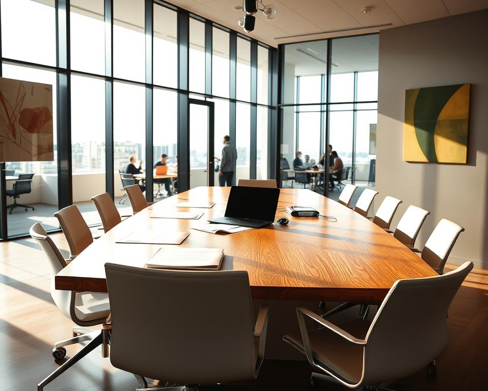 A sleek, modern office setting with a large, glass-walled conference room. The room is flooded with natural light, casting a warm glow over the polished wood table and minimalist chairs. On the table, various documents and a laptop are arranged, representing the integration of environmental, social, and governance (ESG) factors into the corporate decision-making process. The walls are adorned with abstract art pieces, creating a sense of sophistication and attention to detail. Outside the conference room, employees can be seen collaborating in an open-plan workspace, underscoring the importance of transparent and accountable corporate governance.