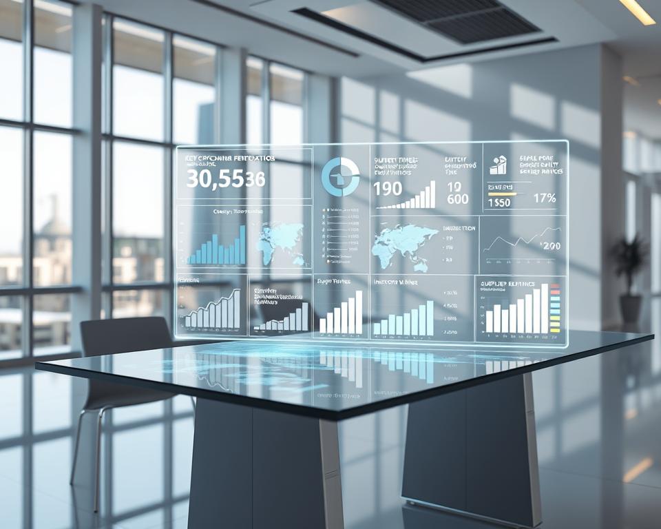 A sleek, modern office with large windows and clean lines. On a glass-topped desk, a holographic display shows various supply chain performance metrics - key performance indicators, delivery times, inventory levels, and supplier reliability ratings. Soft, directional lighting illuminates the scene, casting subtle shadows and highlighting the precision of the data visualizations. The atmosphere is one of professionalism, efficiency, and data-driven decision making, reflecting the importance of supply chain performance in today's global business landscape. A sleek, modern office with large windows and clean lines. On a glass-topped desk, a holographic display shows various supply chain performance metrics - key performance indicators, delivery times, inventory levels, and supplier reliability ratings. Soft, directional lighting illuminates the scene, casting subtle shadows and highlighting the precision of the data visualizations. The atmosphere is one of professionalism, efficiency, and data-driven decision making, reflecting the importance of supply chain performance in today's global business landscape.