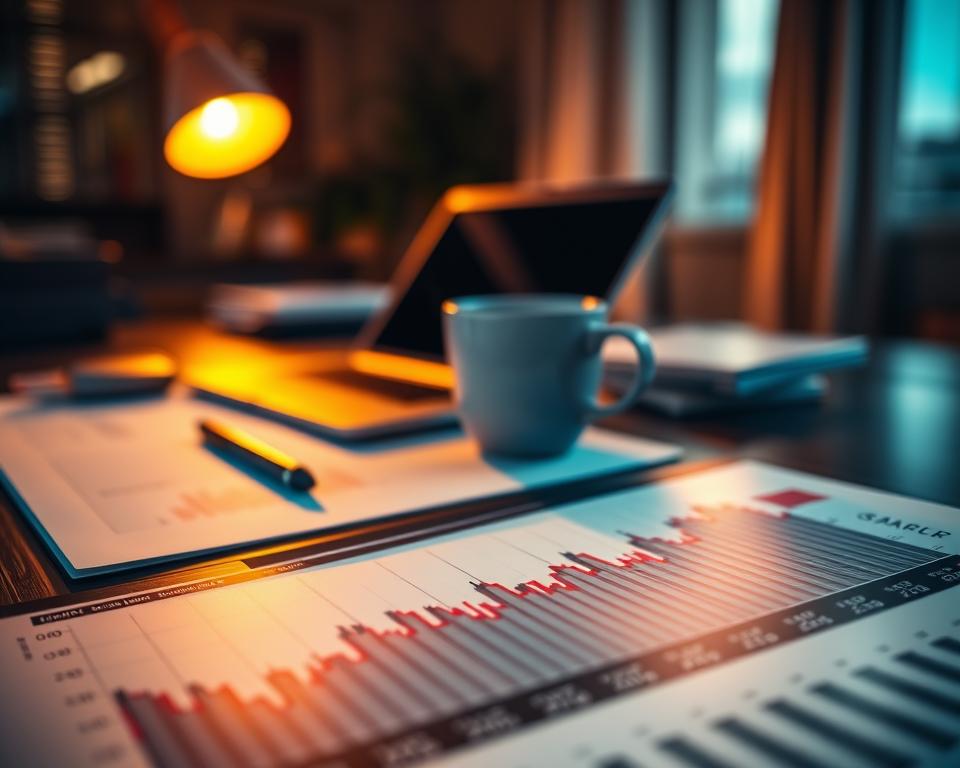 A sophisticated stock market analysis, illuminated by warm lighting and captured through a telephoto lens. In the foreground, a graph depicting stock performance data, with clean lines and bold colors. In the middle ground, a desktop workspace with a laptop, pen, and a cup of coffee, suggesting the diligent research behind the analysis. The background is blurred, drawing the focus to the analytical tools and insights. The overall atmosphere conveys a sense of thoughtful contemplation, with the image reflecting the careful deliberation required for successful investing. A sophisticated stock market analysis, illuminated by warm lighting and captured through a telephoto lens. In the foreground, a graph depicting stock performance data, with clean lines and bold colors. In the middle ground, a desktop workspace with a laptop, pen, and a cup of coffee, suggesting the diligent research behind the analysis. The background is blurred, drawing the focus to the analytical tools and insights. The overall atmosphere conveys a sense of thoughtful contemplation, with the image reflecting the careful deliberation required for successful investing.