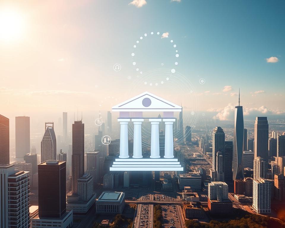 A striking digital transformation strategy, a futuristic city skyline with gleaming high-rises reflecting the sun's rays. In the foreground, a stylized bank icon, its sleek design embodying the evolution of financial services. The middle ground features a swirling array of data visualizations, representing the power of analytics and real-time insights. In the background, a vast expanse of cloud-like structures, symbolizing the seamless integration of banking with innovative technologies. The composition is bathed in a warm, golden light, conveying a sense of progress and optimism. The overall scene evokes a bold, forward-thinking vision for the future of digital banking.