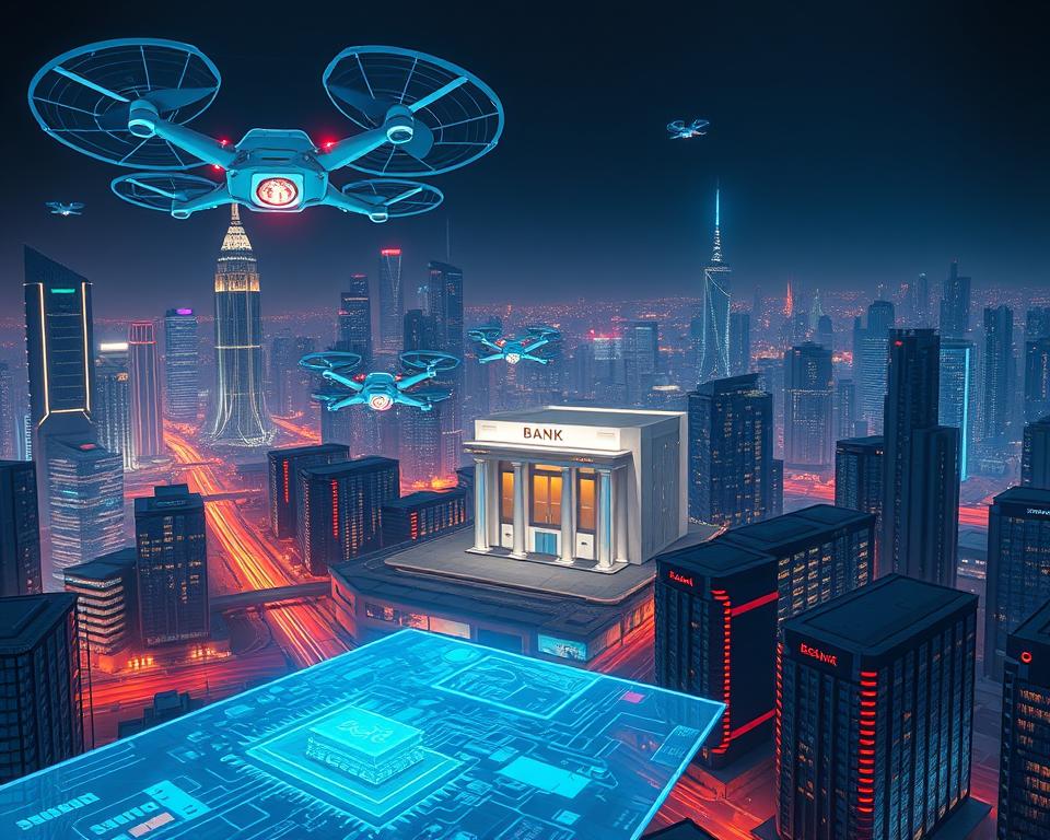 A vast, futuristic cityscape at night, with towering skyscrapers and neon-lit streets. In the foreground, a holographic display shows intricate cybersecurity diagrams and data streams, casting an ethereal glow over the scene. Sleek, high-tech security drones patrol the airspace, their sensors scanning for any threats. In the middle ground, a futuristic bank building stands tall, its facade adorned with cutting-edge security features like iris scanners and facial recognition systems. The background is filled with a network of interconnected data centers, their server racks glowing with the heat of constant activity. The overall atmosphere is one of technological sophistication, security, and the relentless march of progress in the digital age. A vast, futuristic cityscape at night, with towering skyscrapers and neon-lit streets. In the foreground, a holographic display shows intricate cybersecurity diagrams and data streams, casting an ethereal glow over the scene. Sleek, high-tech security drones patrol the airspace, their sensors scanning for any threats. In the middle ground, a futuristic bank building stands tall, its facade adorned with cutting-edge security features like iris scanners and facial recognition systems. The background is filled with a network of interconnected data centers, their server racks glowing with the heat of constant activity. The overall atmosphere is one of technological sophistication, security, and the relentless march of progress in the digital age.