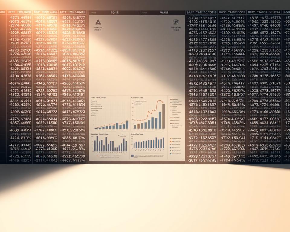 A vast, high-resolution image of intricate tariff codes displayed on a sleek, modern interface. The foreground showcases an array of numeric codes, abbreviations, and descriptions against a clean, minimalist background, bathed in warm, directional lighting that casts subtle shadows, creating depth and dimensionality. The middle ground features detailed statistical charts and graphs, providing visual context for the tariff data, while the background subtly blends in a faint grid pattern, hinting at the complex bureaucratic systems these codes navigate. The overall mood is one of sophistication, precision, and the importance of accurate classification for global trade and commerce.