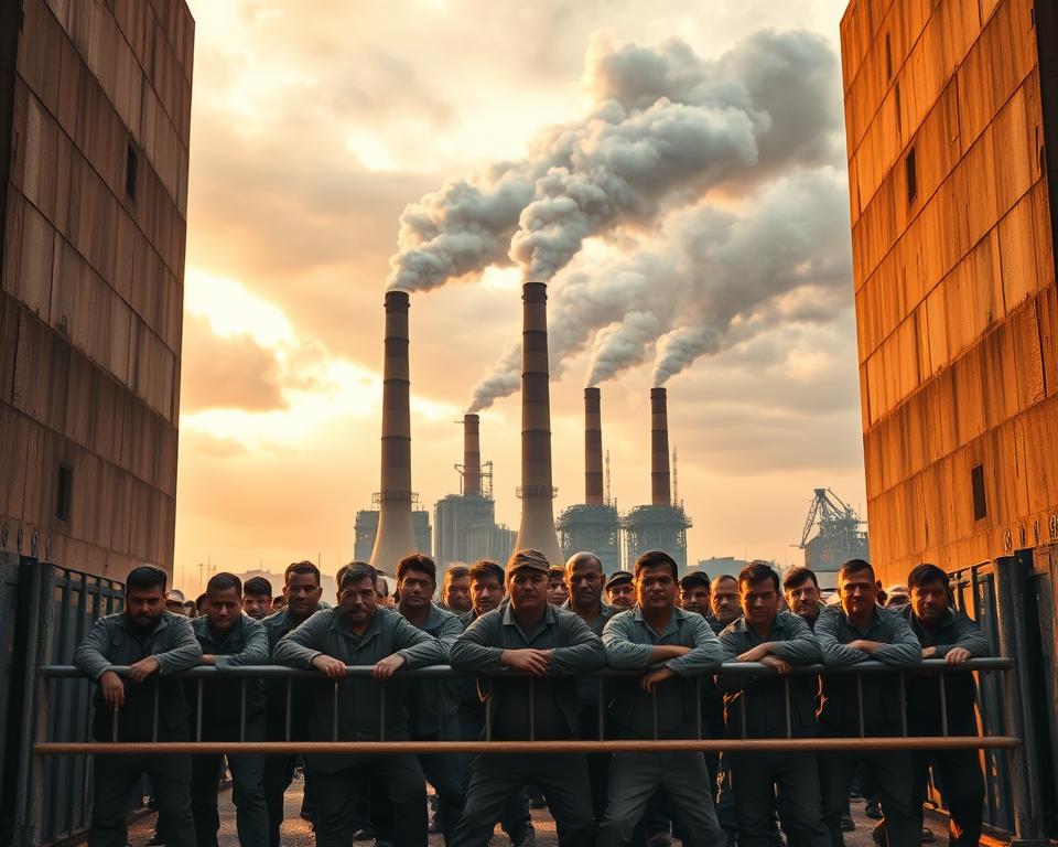 A vast, imposing factory looms in the background, its smokestacks belching dark clouds into the overcast sky. In the foreground, a group of workers, faces etched with determination, stand united, barricading the factory gates to prevent the import of foreign goods. The scene is illuminated by warm, golden light, casting dramatic shadows that convey a sense of struggle and resilience. The composition is framed by towering walls, symbolizing the barriers and restrictions of trade protectionism. This image captures the complex interplay of economic forces, the clash of domestic and global interests, and the human cost of policies designed to shield local industries from international competition.