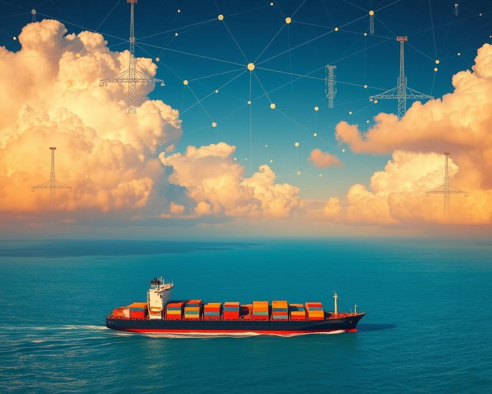 A vast, interconnected network of data centers and communication towers dominates the sky, forming a complex web of global data exchange. In the foreground, a cargo ship sails across azure waters, its containers symbolizing the physical flow of goods. Majestic clouds cast dynamic shadows, reflecting the ever-changing nature of international supply chains. The scene is bathed in a warm, golden light, conveying a sense of progress and innovation. Cutting-edge technologies, such as AI-powered logistics and blockchain-enabled transparency, seamlessly integrate the digital and physical realms, enabling efficient, resilient, and responsive global trade. A vast, interconnected network of data centers and communication towers dominates the sky, forming a complex web of global data exchange. In the foreground, a cargo ship sails across azure waters, its containers symbolizing the physical flow of goods. Majestic clouds cast dynamic shadows, reflecting the ever-changing nature of international supply chains. The scene is bathed in a warm, golden light, conveying a sense of progress and innovation. Cutting-edge technologies, such as AI-powered logistics and blockchain-enabled transparency, seamlessly integrate the digital and physical realms, enabling efficient, resilient, and responsive global trade.