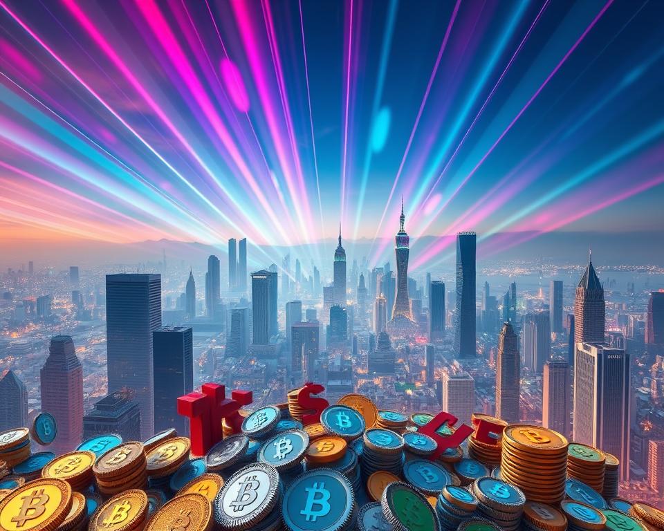 A vast, panoramic scene depicting various Central Bank Digital Currency (CBDC) examples from around the world. In the foreground, a cluster of digital currency symbols and icons representing different national CBDC initiatives, such as the digital yuan, e-krona, and digital dollar. In the middle ground, a series of futuristic skyscrapers and cityscape silhouettes, symbolizing the integration of CBDC into urban infrastructure. In the background, a vibrant, technicolor skyline with streaks of light, conveying the dynamic and transformative nature of this emerging financial technology. The overall composition should evoke a sense of global interconnectedness and the dawn of a new era in monetary systems, captured through a cinematic, wide-angle lens. A vast, panoramic scene depicting various Central Bank Digital Currency (CBDC) examples from around the world. In the foreground, a cluster of digital currency symbols and icons representing different national CBDC initiatives, such as the digital yuan, e-krona, and digital dollar. In the middle ground, a series of futuristic skyscrapers and cityscape silhouettes, symbolizing the integration of CBDC into urban infrastructure. In the background, a vibrant, technicolor skyline with streaks of light, conveying the dynamic and transformative nature of this emerging financial technology. The overall composition should evoke a sense of global interconnectedness and the dawn of a new era in monetary systems, captured through a cinematic, wide-angle lens.