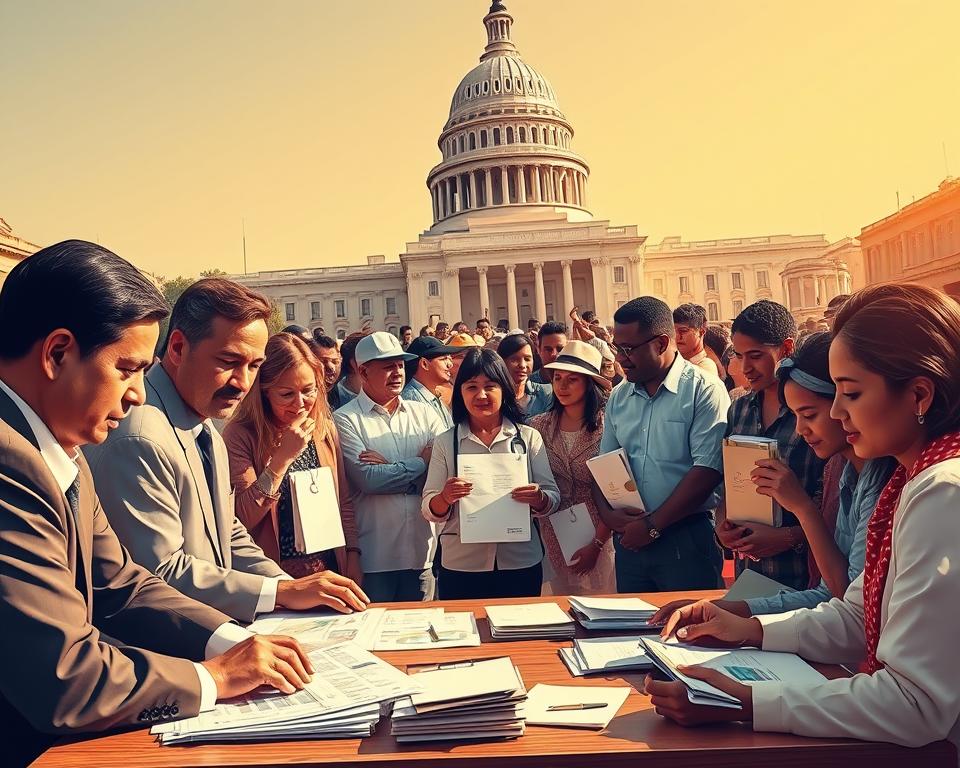 A vibrant and dynamic scene of government economic relief efforts. In the foreground, a group of officials gathered around a table, poring over documents and charts, their expressions serious yet determined. The middle ground features a flurry of activity, with government workers distributing aid packages and assistance to a diverse array of citizens, each face reflecting a mix of gratitude and relief. In the background, a towering government building stands as a symbol of the institution's commitment to supporting its people during challenging times. Warm, directional lighting illuminates the scene, casting shadows that convey a sense of purposeful action. The overall atmosphere is one of collaboration, empowerment, and a steadfast resolve to navigate the path towards economic recovery. A vibrant and dynamic scene of government economic relief efforts. In the foreground, a group of officials gathered around a table, poring over documents and charts, their expressions serious yet determined. The middle ground features a flurry of activity, with government workers distributing aid packages and assistance to a diverse array of citizens, each face reflecting a mix of gratitude and relief. In the background, a towering government building stands as a symbol of the institution's commitment to supporting its people during challenging times. Warm, directional lighting illuminates the scene, casting shadows that convey a sense of purposeful action. The overall atmosphere is one of collaboration, empowerment, and a steadfast resolve to navigate the path towards economic recovery.