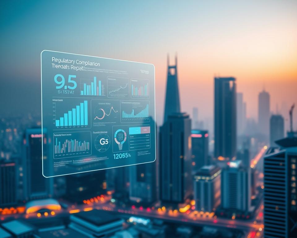 A vibrant, futuristic cityscape bathed in soft, ambient lighting. In the foreground, a transparent holographic display hovers, showcasing a series of dynamic infographics and data visualizations related to regulatory compliance trends. The middle ground features sleek, high-rise buildings with clean, minimalist architecture, symbolizing the technological advancements in the regtech industry. In the background, a hazy skyline with towering skyscrapers and a hint of a twilight sky, conveying a sense of progress and innovation. The overall scene exudes a mood of sophistication, technological prowess, and a forward-looking approach to regulatory compliance.