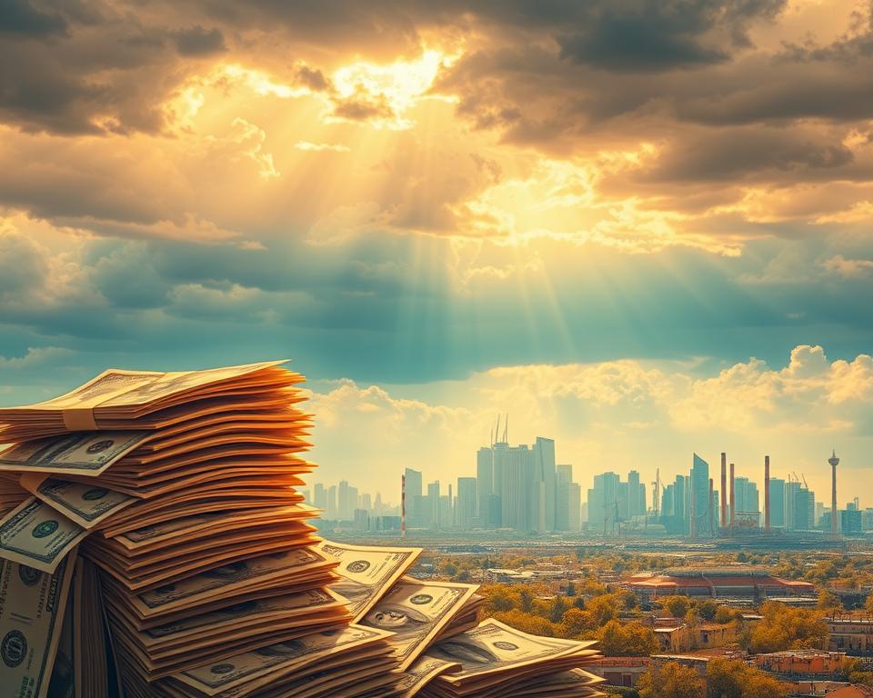 A vibrant illustration of an economic stimulus plan during a crisis. In the foreground, a stack of currency bills cascades over the frame, symbolizing the flow of government aid. In the middle ground, a cityscape with skyscrapers and factories comes to life, representing the rejuvenation of the economy. The background features a cloudy, dramatic sky with rays of light breaking through, conveying a sense of hope and recovery. The scene is bathed in warm, golden tones, creating a sense of optimism and growth. Captured with a wide-angle lens, the composition draws the viewer's eye to the center of the image, highlighting the core focus of the economic stimulus plan. A vibrant illustration of an economic stimulus plan during a crisis. In the foreground, a stack of currency bills cascades over the frame, symbolizing the flow of government aid. In the middle ground, a cityscape with skyscrapers and factories comes to life, representing the rejuvenation of the economy. The background features a cloudy, dramatic sky with rays of light breaking through, conveying a sense of hope and recovery. The scene is bathed in warm, golden tones, creating a sense of optimism and growth. Captured with a wide-angle lens, the composition draws the viewer's eye to the center of the image, highlighting the core focus of the economic stimulus plan.