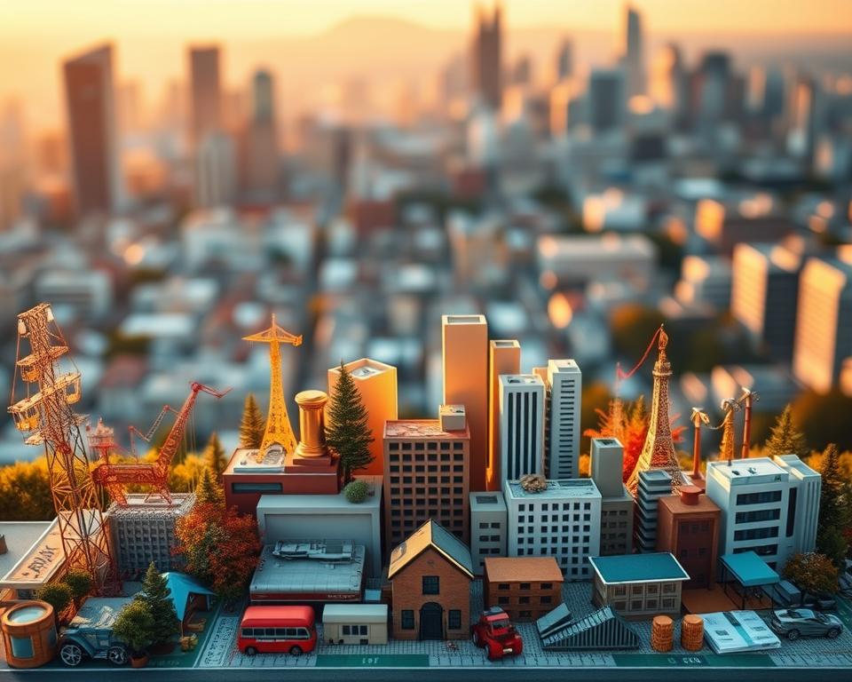 A vibrant, well-balanced investment portfolio with diverse financial instruments positioned in a symmetrical arrangement, bathed in warm, golden light, captured through a wide-angle lens. In the foreground, stocks, bonds, and real estate assets intertwine, symbolizing the interconnected nature of diversification. The middle ground showcases various industries and sectors, each represented by distinct icons or silhouettes. The background features a serene, blurred cityscape, conveying a sense of stability and long-term growth. The overall composition exudes a sense of harmony, stability, and financial security, reflecting the principles of successful portfolio diversification.