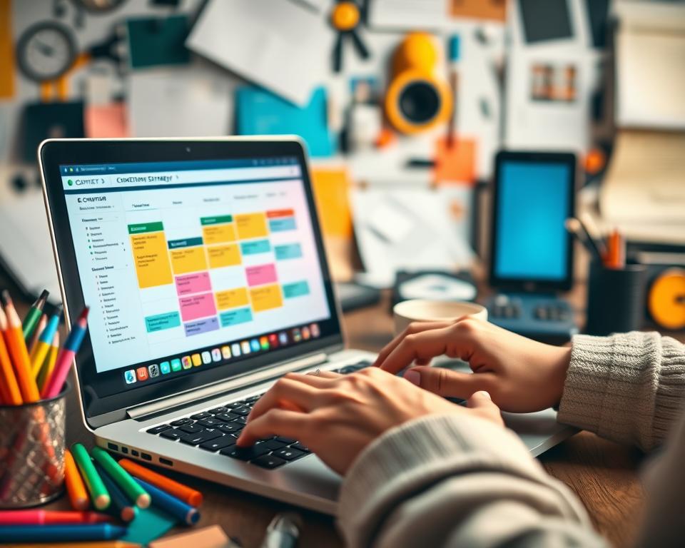 A visually striking composition showcasing a content marketing strategy. In the foreground, a laptop screen displays an editorial calendar, color-coded with a variety of content types. Surrounding the laptop, an assortment of colorful, tactile props - pens, Post-it notes, a cup of coffee - convey a sense of creativity and productivity. In the middle ground, a person's hands type away at the keyboard, their face obscured, representing the human element of content creation. The background is a soft, blurred arrangement of digital devices, papers, and other office supplies, hinting at the broader ecosystem of content marketing. Warm, indirect lighting casts a cozy, professional atmosphere, while a shallow depth of field draws the eye to the central focus of the strategy on the laptop screen. A visually striking composition showcasing a content marketing strategy. In the foreground, a laptop screen displays an editorial calendar, color-coded with a variety of content types. Surrounding the laptop, an assortment of colorful, tactile props - pens, Post-it notes, a cup of coffee - convey a sense of creativity and productivity. In the middle ground, a person's hands type away at the keyboard, their face obscured, representing the human element of content creation. The background is a soft, blurred arrangement of digital devices, papers, and other office supplies, hinting at the broader ecosystem of content marketing. Warm, indirect lighting casts a cozy, professional atmosphere, while a shallow depth of field draws the eye to the central focus of the strategy on the laptop screen.