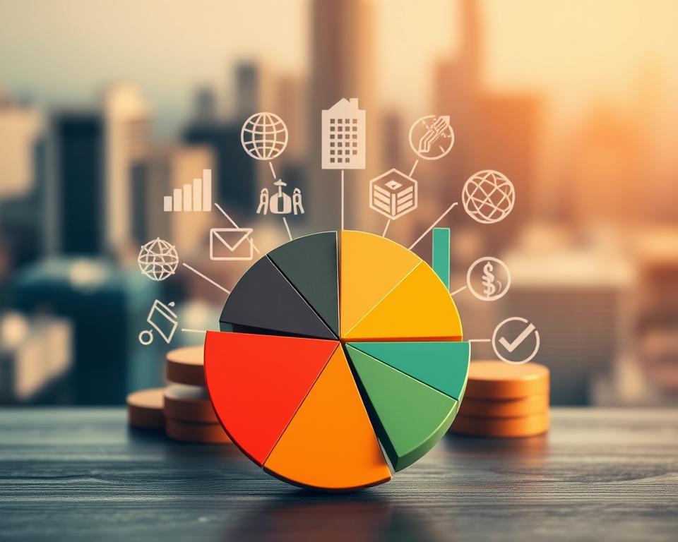 A well-diversified portfolio, represented by various investment assets including stocks, bonds, real estate, and commodities. In the foreground, a central pie chart depicting the allocation of these assets. In the middle ground, abstract icons symbolizing the different investment types. The background features a blurred cityscape, hinting at the global nature of financial markets. Warm, earthy tones create a sense of stability and security. The lighting is soft and diffused, conveying a professional, analytical atmosphere. The overall composition suggests a balanced, thoughtful approach to investment strategy.