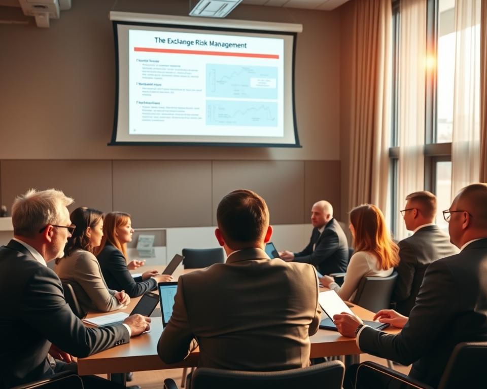 A well-lit training room, with an attentive group of professionals gathered around a table, laptops and notepads in hand. Overhead, a large projection screen displays a detailed presentation on foreign exchange risk management strategies. The trainees, dressed in business attire, listen intently, their faces illuminated by the soft glow of the screen. Warm, natural lighting filters in through the large windows, creating a sense of professionalism and focus. The room is adorned with modern furniture and decor, reflecting the high-caliber nature of the training session. A sense of collaboration and knowledge-sharing permeates the atmosphere, as the trainees engage in discussions and take notes, determined to master the complexities of FX risk management.