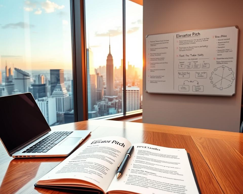 An elegant office interior with a modern, minimalist aesthetic. In the foreground, a desk with a laptop, pen, and a notebook open to a page titled "Elevator Pitch Examples". The middle ground features a large window overlooking a bustling city skyline, bathed in warm, golden hour lighting. Subtly in the background, a wall-mounted whiteboard displays various bullet points and diagrams related to effective elevator pitch strategies. The overall atmosphere is one of focus, inspiration, and professional refinement.