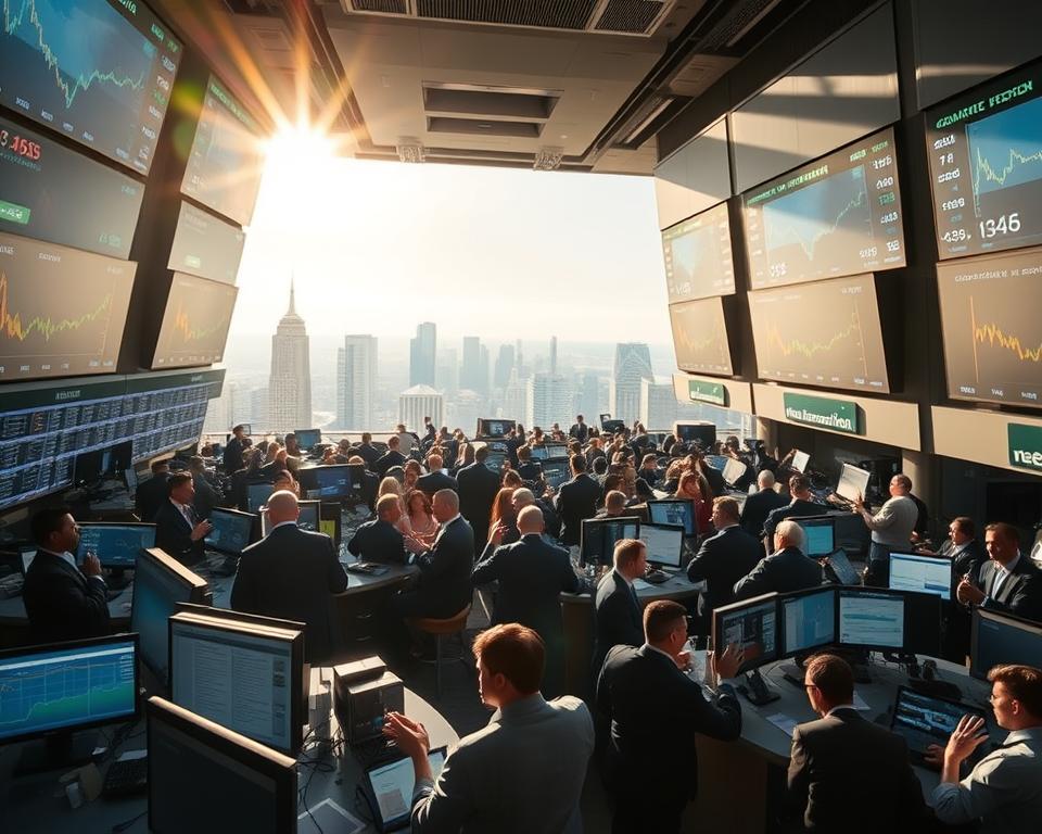 An expansive stock exchange floor, bustling with activity. Traders gesticulate animatedly, charts and graphs projected on towering screens. In the background, a serene, sun-dappled cityscape, symbolic of economic growth. The lighting is dramatic, creating sharp contrasts between light and shadow, evoking a sense of financial dynamism and volatility. The camera angle is elevated, providing a bird's-eye view of the scene, conveying the scale and complexity of the stock market's response to the implementation of quantitative easing policies. The atmosphere is one of cautious optimism, hinting at the potential impacts of this unconventional monetary strategy on stock valuations and investor sentiment. An expansive stock exchange floor, bustling with activity. Traders gesticulate animatedly, charts and graphs projected on towering screens. In the background, a serene, sun-dappled cityscape, symbolic of economic growth. The lighting is dramatic, creating sharp contrasts between light and shadow, evoking a sense of financial dynamism and volatility. The camera angle is elevated, providing a bird's-eye view of the scene, conveying the scale and complexity of the stock market's response to the implementation of quantitative easing policies. The atmosphere is one of cautious optimism, hinting at the potential impacts of this unconventional monetary strategy on stock valuations and investor sentiment.