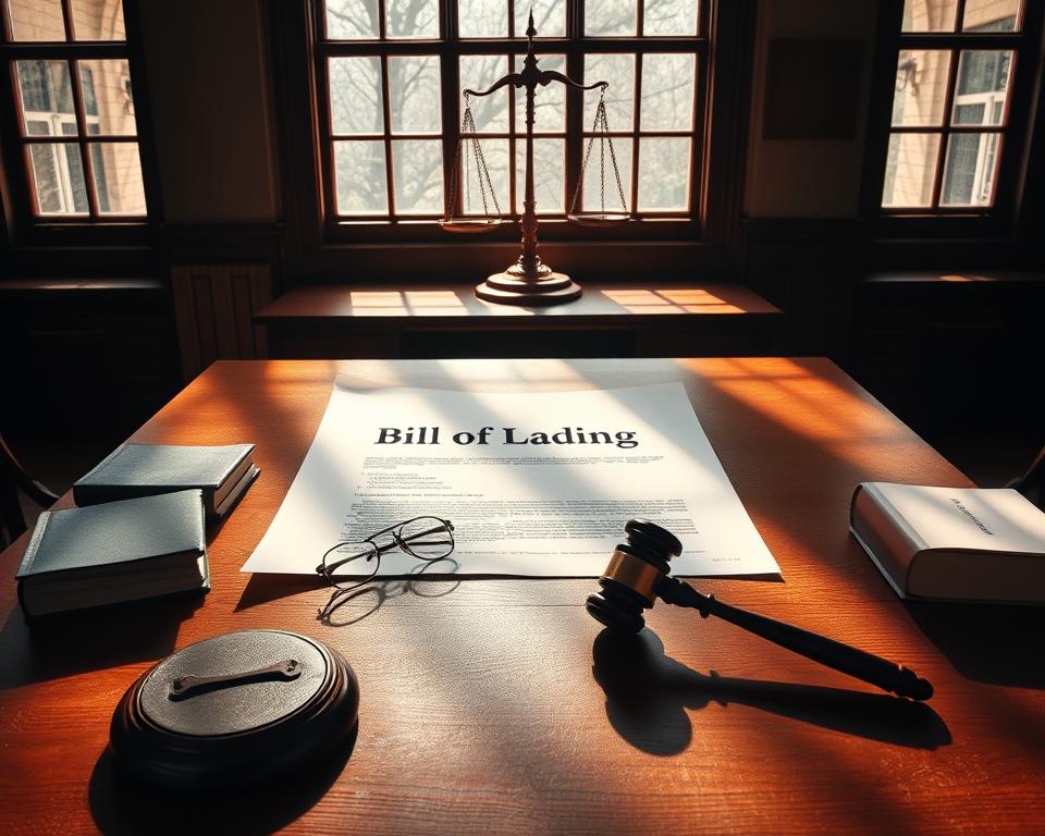 An imposing wooden desk, its surface dominated by a large document labeled "Bill of Lading". Surrounding it, law books, a gavel, and a pair of reading glasses convey an air of legal authority. Sunlight streams in through tall windows, casting dramatic shadows that underscore the gravity of the scene. In the background, a wall-mounted scale of justice stands as a symbol of the legal implications and enforcement at the heart of this critical shipping document. The overall composition exudes a sense of thoughtful deliberation and the weight of contractual obligations.