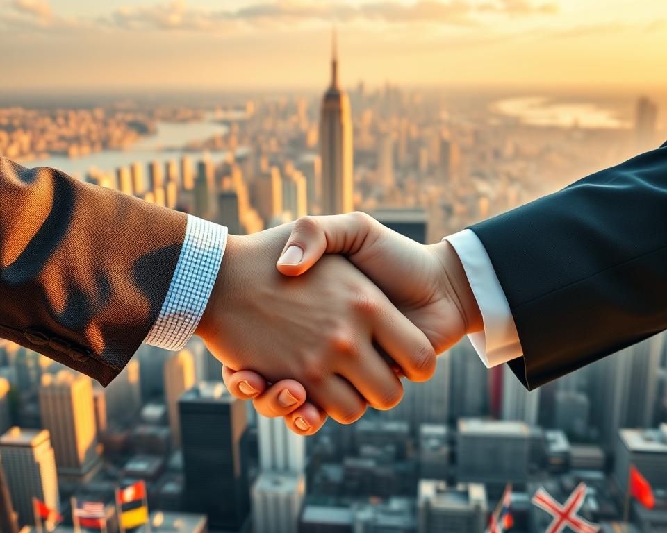 Bilateral trade agreements, a complex tapestry of economic diplomacy. In the foreground, two hands firmly shaking, symbolizing the handshake that seals the deal. Meticulously detailed, the handshake is captured in a crisp, high-resolution close-up, highlighting the gravity of the moment. In the middle ground, a panoramic view of a bustling city skyline, representing the global stage upon which these agreements are forged. Warm, golden lighting casts a sense of optimism and progress. In the background, a blend of national flags, subtly suggesting the multitude of nations involved in the intricate web of trade. The overall composition conveys the essence of navigating trade agreements and tariffs, a delicate balance of international cooperation and national interests.