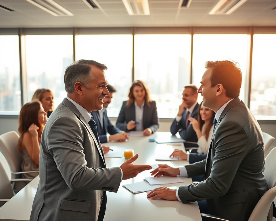 Bright and airy office setting, with a group of professionals gathered around a conference table, engaged in an animated discussion. Warm lighting casts a soft glow, accentuating the earnest expressions on their faces as they exchange business cards and make connections. In the foreground, a well-dressed executive is leaning forward, gesturing enthusiastically while making a point. The middle ground showcases a diverse mix of attendees, some taking notes, others nodding in agreement. The background features a large window overlooking a bustling city skyline, reinforcing the sense of professional opportunity and growth. An atmosphere of collaboration, networking, and shared purpose permeates the scene.