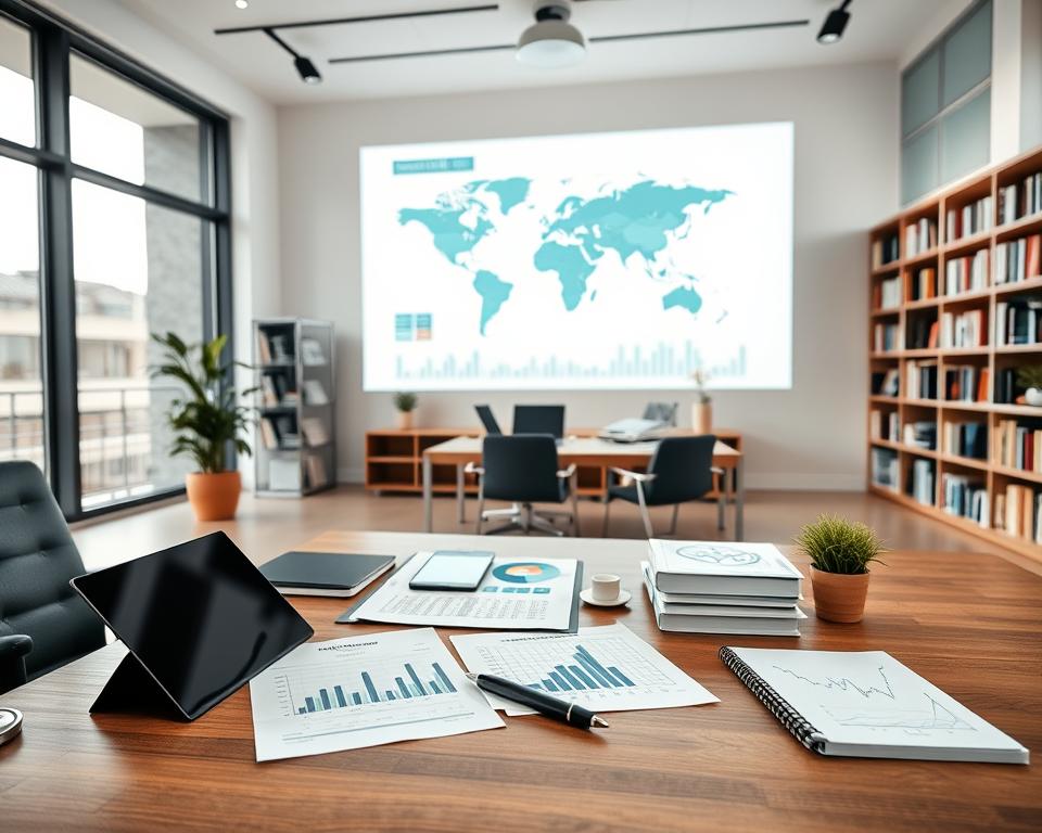 Diversified investment portfolio featuring a balanced mix of stocks, bonds, and alternative assets. Sleek modern office setting with floor-to-ceiling windows, natural lighting, and minimalist decor. In the foreground, a stylish wooden desk with a tablet, pen, and calculator, representing financial analysis and planning. On the desk, various portfolio documents and reports showcasing investment performance. In the middle ground, a large world map and financial charts projected on the wall, visualizing global market trends. In the background, bookshelves filled with finance and investing literature, conveying expertise and knowledge. The overall mood is professional, sophisticated, and forward-looking, inspiring confidence in building wealth through diversified investing. Diversified investment portfolio featuring a balanced mix of stocks, bonds, and alternative assets. Sleek modern office setting with floor-to-ceiling windows, natural lighting, and minimalist decor. In the foreground, a stylish wooden desk with a tablet, pen, and calculator, representing financial analysis and planning. On the desk, various portfolio documents and reports showcasing investment performance. In the middle ground, a large world map and financial charts projected on the wall, visualizing global market trends. In the background, bookshelves filled with finance and investing literature, conveying expertise and knowledge. The overall mood is professional, sophisticated, and forward-looking, inspiring confidence in building wealth through diversified investing.