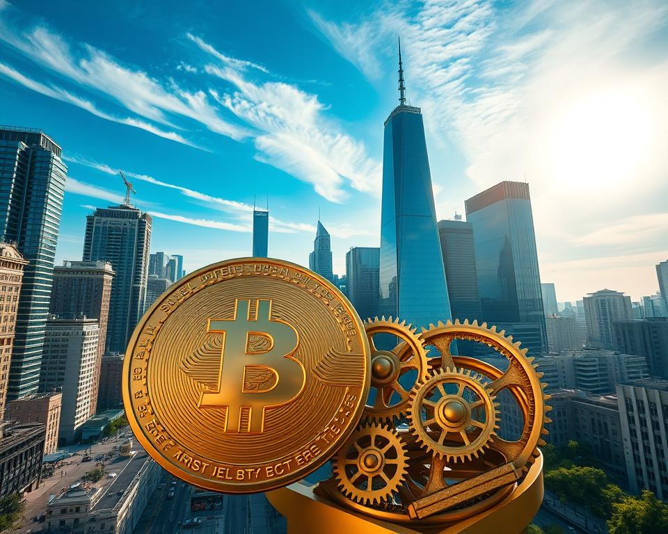 Dramatic aerial view of a bustling cityscape, the sun casting a warm glow across towering skyscrapers and busy streets. In the foreground, a larger-than-life sculpture of a gold coin, its surface gleaming and reflective. Surrounding the coin, intricate gears and machinery symbolizing the financial mechanisms of supply-side economics. In the background, a serene blue sky with wispy clouds, conveying a sense of economic growth and prosperity. The overall scene strikes a balance between the grand scale of the built environment and the intimate details of the sculptural elements, creating a visually striking representation of supply-side economic policies.