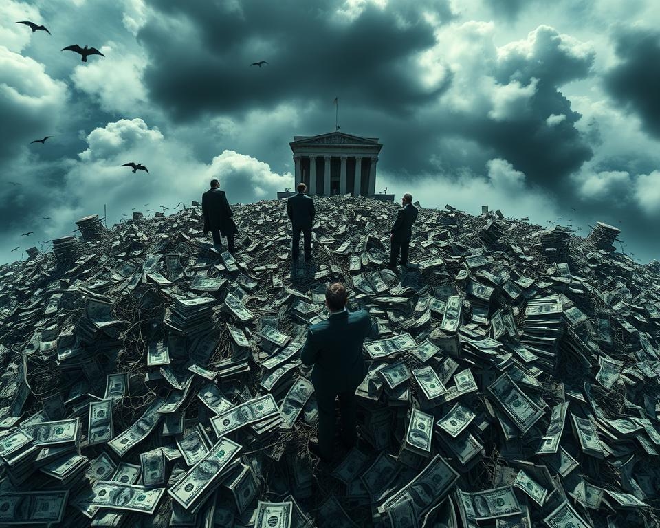 Dramatic overhead view of a surreal financial landscape. In the foreground, a tangled web of dollar bills, stock charts, and financial instruments swirl chaotically. The middle ground features imposing figures representing policymakers and economists, locked in heated debate. In the distant background, a clouded, ominous sky looms, symbolizing the uncertainty and criticisms surrounding quantitative easing policies. Dramatic chiaroscuro lighting casts dramatic shadows, heightening the sense of tension and unease. Cinematic, wideangle lens captures the scale and gravity of the scene. Dramatic overhead view of a surreal financial landscape. In the foreground, a tangled web of dollar bills, stock charts, and financial instruments swirl chaotically. The middle ground features imposing figures representing policymakers and economists, locked in heated debate. In the distant background, a clouded, ominous sky looms, symbolizing the uncertainty and criticisms surrounding quantitative easing policies. Dramatic chiaroscuro lighting casts dramatic shadows, heightening the sense of tension and unease. Cinematic, wideangle lens captures the scale and gravity of the scene.