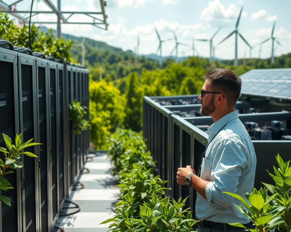 Sustainable Cryptocurrency Mining A serene, solar-powered data center nestled in a lush, verdant landscape. Rows of state-of-the-art mining rigs hum quietly, their energy-efficient cooling systems blending seamlessly with the natural surroundings. Sunlight streams in through large windows, illuminating the clean, modern interior. In the foreground, a technician diligently monitors the mining operations, ensuring maximum efficiency and minimal environmental impact. The background is dotted with wind turbines, their blades slowly turning, complementing the solar panels that cover the facility's roof. An atmosphere of harmonious coexistence between technology and nature, showcasing the future of sustainable cryptocurrency mining.