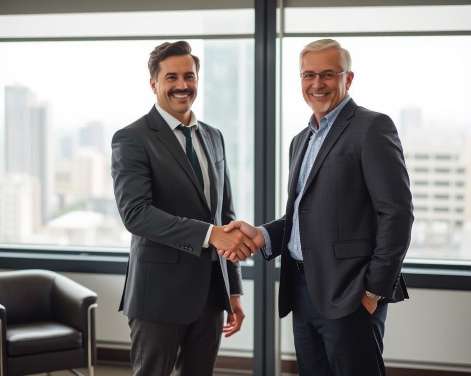 Two business leaders shaking hands in a warm, cordial manner, signifying the successful resolution of a conflict. They are standing in a well-lit, modern office setting, with large windows overlooking a cityscape in the background. Soft, diffused lighting creates a calming, professional atmosphere. The leaders' body language and facial expressions convey a sense of mutual understanding and respect. The scene captures the essence of effective conflict resolution through open communication and compromise, essential for business leadership and success. Two business leaders shaking hands in a warm, cordial manner, signifying the successful resolution of a conflict. They are standing in a well-lit, modern office setting, with large windows overlooking a cityscape in the background. Soft, diffused lighting creates a calming, professional atmosphere. The leaders' body language and facial expressions convey a sense of mutual understanding and respect. The scene captures the essence of effective conflict resolution through open communication and compromise, essential for business leadership and success.