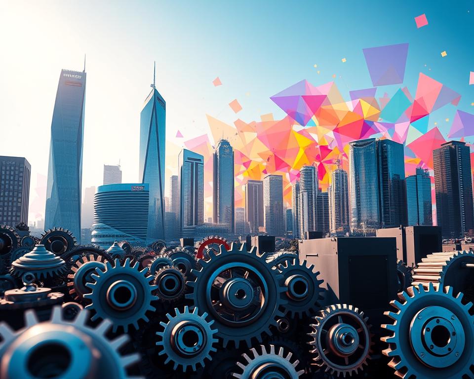 Vibrant abstract cityscape depicting the dynamic interplay of business innovation. In the foreground, a network of interconnected gears and cogs symbolize the intricate mechanisms of economic growth. The middle ground features sleek, futuristic skyscrapers and data centers, their glass facades reflecting the ever-evolving technological landscape. The background showcases a vibrant, kaleidoscopic display of colorful geometric shapes, representing the multifaceted nature of supply-side economics. Dramatic lighting casts long shadows, creating a sense of depth and emphasizing the powerful, forward-thinking energy of the scene. Captured through a wide-angle lens, the composition conveys a sense of scale and grandeur, inviting the viewer to immerse themselves in the visionary world of business innovation.