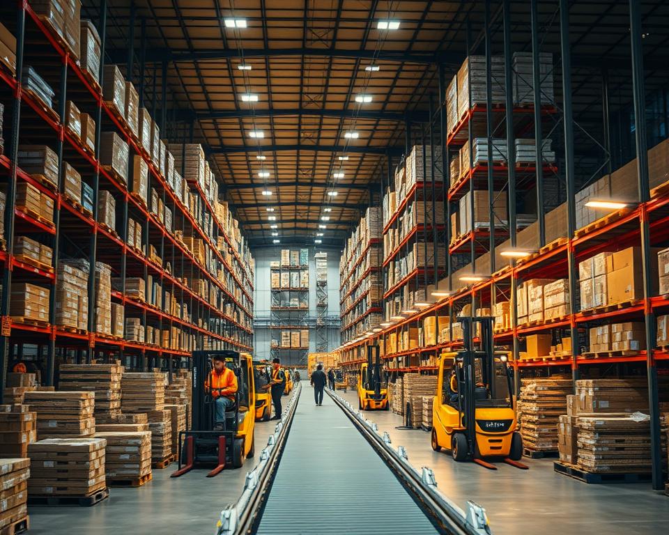 Warehouse efficiency: a bustling industrial scene bathed in warm, directional lighting. In the foreground, workers deftly navigate forklifts amid neatly stacked pallets and shelves brimming with inventory. In the middle ground, a conveyor belt system efficiently moves goods, its smooth operation underscored by the rhythmic whir of machinery. The background showcases towering storage racks, their contents meticulously organized, creating a sense of order and purpose. Cinematic angles and a crisp, documentary-style aesthetic capture the precision and dynamism of this well-oiled logistics operation, a model of warehousing best practices.