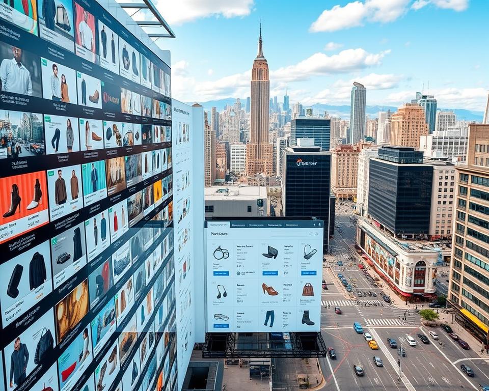 a bustling online marketplace with various product categories displayed on a large, modern digital interface. the foreground features a diverse selection of product thumbnails, each with detailed descriptions and pricing information. the middle ground showcases a sleek, user-friendly navigation menu with intuitive category filters. in the background, a panoramic view of a vibrant cityscape with skyscrapers and busy streets, reflecting the global reach and scale of the e-commerce platform. the lighting is crisp and bright, conveying a sense of energy and efficiency. the overall mood is professional, dynamic, and inviting, encouraging exploration and discovery of the wide array of offerings available.