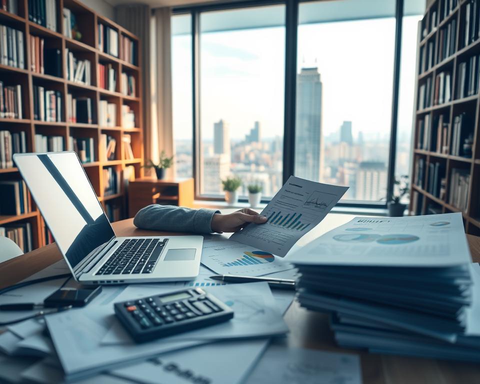 a detailed financial planning scene, with a person sitting at a desk reviewing financial documents and charts, surrounded by a warm, productive atmosphere. In the foreground, a laptop, calculator, and stack of papers are arranged neatly. In the middle ground, bookshelves line the walls, filled with finance-related books. The background features a large window overlooking a cityscape, bathed in soft, natural lighting. The overall mood is one of focus, organization, and a sense of purpose in achieving long-term financial goals. a detailed financial planning scene, with a person sitting at a desk reviewing financial documents and charts, surrounded by a warm, productive atmosphere. In the foreground, a laptop, calculator, and stack of papers are arranged neatly. In the middle ground, bookshelves line the walls, filled with finance-related books. The background features a large window overlooking a cityscape, bathed in soft, natural lighting. The overall mood is one of focus, organization, and a sense of purpose in achieving long-term financial goals.