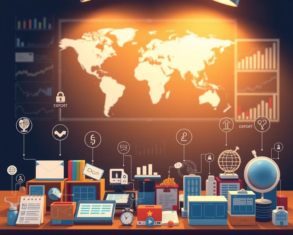 a detailed illustration of various trade finance options, depicting a variety of financial instruments and services in a clean, modern style. the foreground features a selection of icons and symbols representing different trade finance instruments such as letters of credit, export factoring, trade loans, and trade insurance. the middle ground showcases a world map to suggest the global nature of trade finance, with financial data and charts in the background. the scene is illuminated by warm, directional lighting, creating depth and highlighting the key elements. the overall mood is one of professionalism, reliability, and accessibility, conveying the essential role of trade finance in unlocking global business opportunities.