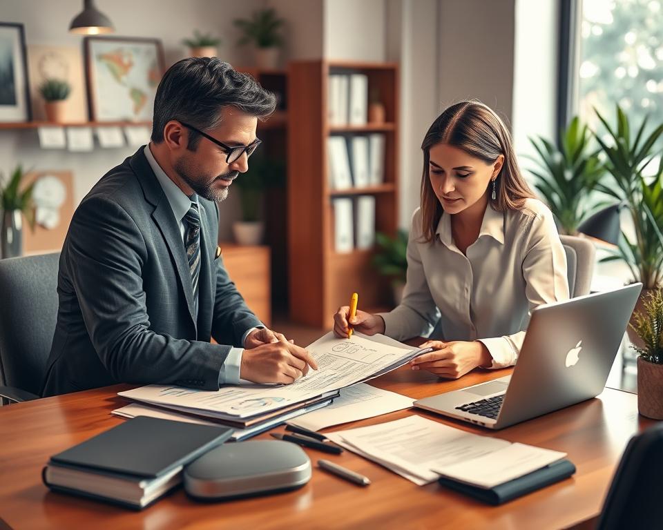 a detailed scene depicting "debt management" as the central focus, set in a modern office environment with a professional financial advisor or accountant working with a client to review financial documents and discuss strategies for reducing debt and improving financial stability. The scene is well-lit, with warm tones and a calm, professional atmosphere. The advisor and client are engaged in an earnest discussion, surrounded by neatly organized paperwork, a laptop, and other financial tools, conveying a sense of expertise, responsibility, and progress towards a solution. The background features other office elements like shelves, plants, and subtle architectural details that contribute to an atmosphere of financial competence and control. a detailed scene depicting "debt management" as the central focus, set in a modern office environment with a professional financial advisor or accountant working with a client to review financial documents and discuss strategies for reducing debt and improving financial stability. The scene is well-lit, with warm tones and a calm, professional atmosphere. The advisor and client are engaged in an earnest discussion, surrounded by neatly organized paperwork, a laptop, and other financial tools, conveying a sense of expertise, responsibility, and progress towards a solution. The background features other office elements like shelves, plants, and subtle architectural details that contribute to an atmosphere of financial competence and control.