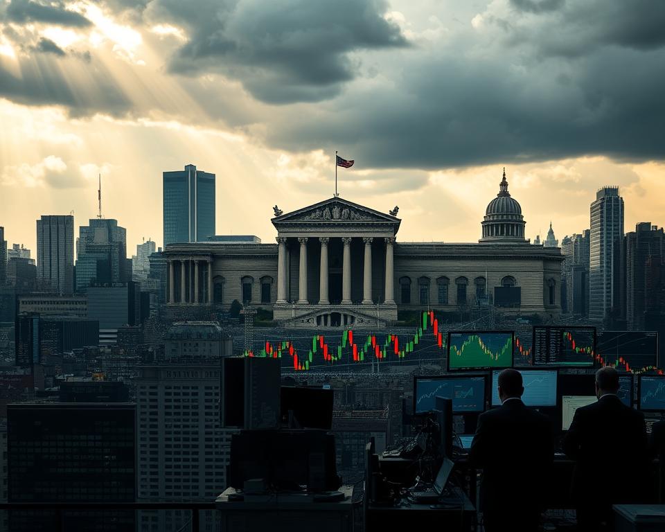 A dramatic city skyline foreground featuring a busy stock exchange with traders in professional attire, intently observing fluctuating financial graphs on large screens. In the middle ground, chaotic market charts display volatility, with green and red candlestick patterns creating a sense of movement and tension. In the background, imposing central bank buildings loom under a cloudy sky, symbolizing the influence of monetary policy. The lighting is dynamic, with shafts of light breaking through the clouds, emphasizing the uncertainty and energy of the moment. The overall mood conveys urgency and anticipation, reflecting the complexities of navigating market volatility during central bank policy shifts.