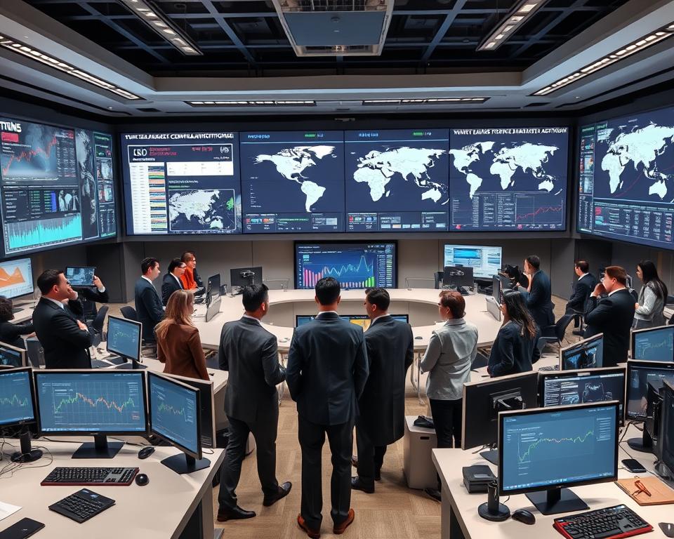 A dynamic and informative scene depicting a modern financial monitoring room focused on central bank actions. In the foreground, diverse professionals in business attire are engaged in discussions around a centralized digital display showing financial data and charts, symbolizing market stability. In the middle ground, sleek desks with advanced computer workstations are filled with graphs and stock tickers. The background showcases large screens with global financial news and a map highlighting various central banks around the world. The lighting is bright and professional, with soft shadows creating depth. An atmosphere of collaboration and vigilance permeates the space, reflecting the critical role of monitoring in maintaining economic stability.