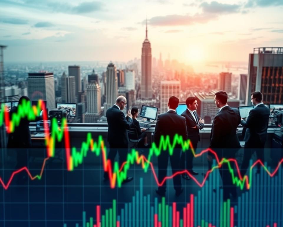 A dynamic and insightful visualization of interest rate trends affecting stock markets. In the foreground, a digital graph with fluctuating lines representing interest rates, vibrant colors like green and red illustrating rising and falling rates. In the middle ground, a bustling stock market scene with professionals dressed in business attire, intently analyzing data on screens and discussing insights. The background features a panoramic city skyline, symbolizing the global economy, with financial institutions visible. Soft, ambient lighting enhances the professional atmosphere, while a slight lens blur on the background emphasizes the focus on the graph and professionals. The overall mood conveys urgency and analysis, capturing the interconnectedness of interest rate cycles and stock market behavior. No text or watermarks present.