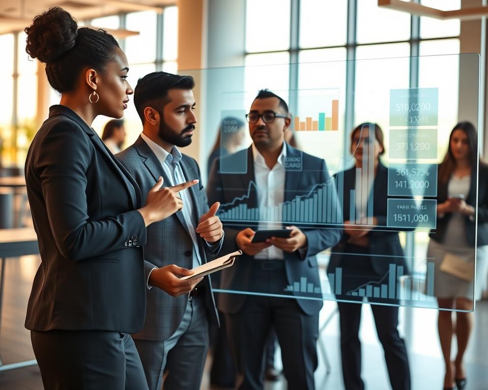 A dynamic scene illustrating tax policies and economic growth, featuring a diverse group of professionals in business attire engaged in a lively discussion around a large, interactive digital display showing upward-trending graphs and statistics. In the foreground, a confident Black woman points at the graphs, while a Hispanic man takes notes. In the middle, a Caucasian woman stands beside the display, explaining key points to the group. The background features an open office space with large windows letting in warm, natural light, symbolizing clarity and transparency in fiscal policy. The overall mood is focused and optimistic, reflecting collaboration and innovation in crafting tax policies that foster economic growth. Use a wide-angle lens to emphasize the teamwork and engagement, with soft focus on the background to draw attention to the professionals in action.