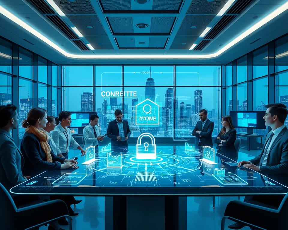 A futuristic bank office, emphasizing cybersecurity in banking. In the foreground, a diverse group of professionals in business attire, engaged in a discussion around a digital table displaying holographic data streams and security graphs. The middle layer features sleek computer systems and advanced cybersecurity software interfaces, with glowing lines of code and firewalls visualized in bright neon colors. In the background, large windows reveal a city skyline, symbolizing modern banking. The lighting is bright and high-tech, with a blend of cool blues and greens, creating a dynamic and secure atmosphere. Use a wide-angle lens to capture the entire scene, highlighting both the people and the digital elements, portraying a sense of innovation and security in the future of banking.