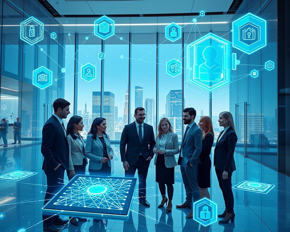 A futuristic banking environment showcasing the integration of blockchain technology. In the foreground, a group of diverse professionals in smart business attire, engaged in a discussion around a digital tablet displaying a blockchain network. In the middle ground, a sleek, modern bank interior with glowing screens illustrating transaction flows and secure ledgers. The background features holographic representations of blockchain nodes and interconnected blockchains floating above a cityscape through large glass windows, symbolizing innovation. Soft blue and green lighting enhances the technological atmosphere, with a focus on clarity and transparency, while the perspective emphasizes both the professionals’ collaboration and the advanced digital architecture surrounding them. The mood is optimistic and forward-thinking, representing the future of banking.