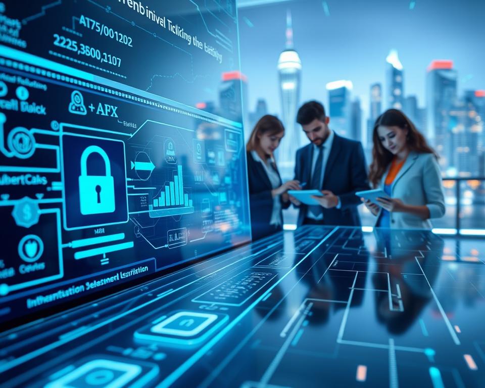 A futuristic digital environment illustrating API security measures in invisible banking. In the foreground, a sleek, modern user interface displays data flows and encryption icons, showcasing real-time security protocols like authentication and authorization. The middle ground features diverse professionals in business attire collaborating over tablets and screens, analyzing data with a focus on cybersecurity. In the background, a city skyline illuminated by neon lights represents a digital landscape, suggesting advanced technology and innovation. Use a cool color palette with blue and green tones, creating a high-tech atmosphere. Employ soft lighting to highlight the details of the UI and professionals’ interactions, shot from a low angle to evoke a sense of depth and importance in the context of digital banking security.