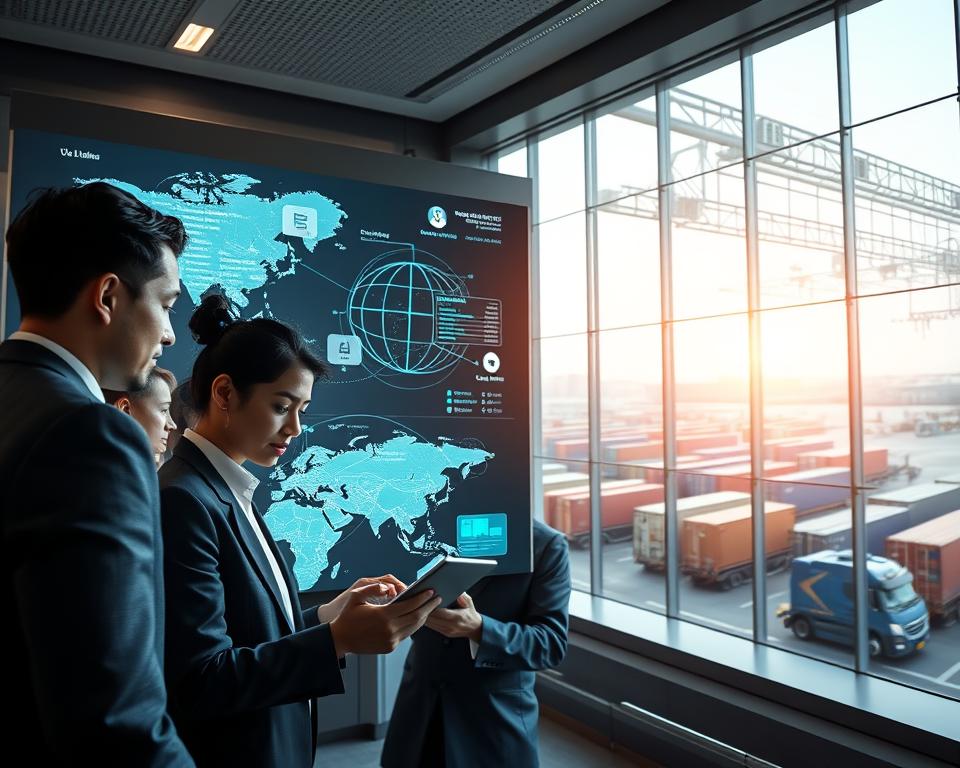 A futuristic office environment dedicated to supply chain compliance management. In the foreground, a diverse group of professionals in business attire huddle around a digital tablet, analyzing compliance data. The middle ground features large, interactive screens displaying global shipping routes and compliance metrics, with glowing graphics indicating tracks of movement. In the background, a panoramic window shows a busy logistics hub with cargo containers and transport vehicles. Soft, natural lighting filters through the window, creating a bright, optimistic atmosphere. The image captures an air of focus and collaboration, showcasing technology’s role in ensuring compliance in global importing. The angle is slightly elevated, providing a comprehensive view of the workspace and technology in use.