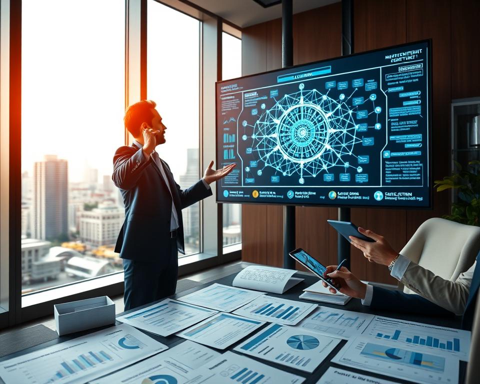 A modern corporate office setting with a focus on a large digital display showcasing a complex blockchain network diagram. In the foreground, a professional businessperson in a tailored suit gestures towards the screen, analyzing data, while a second person takes notes on a tablet. The middle ground features scattered documents and charts visualizing blockchain implementation costs, with diagrams and graphs illustrating potential challenges. The background shows cityscape views through floor-to-ceiling windows, bathed in warm, natural light that creates an inviting atmosphere. The overall mood is one of focus and collaboration, portraying the seriousness of the challenges in integrating blockchain technology. The image should be sharp and visually engaging, with a shallow depth of field on the foreground subjects to draw attention to their interaction with the digital content.