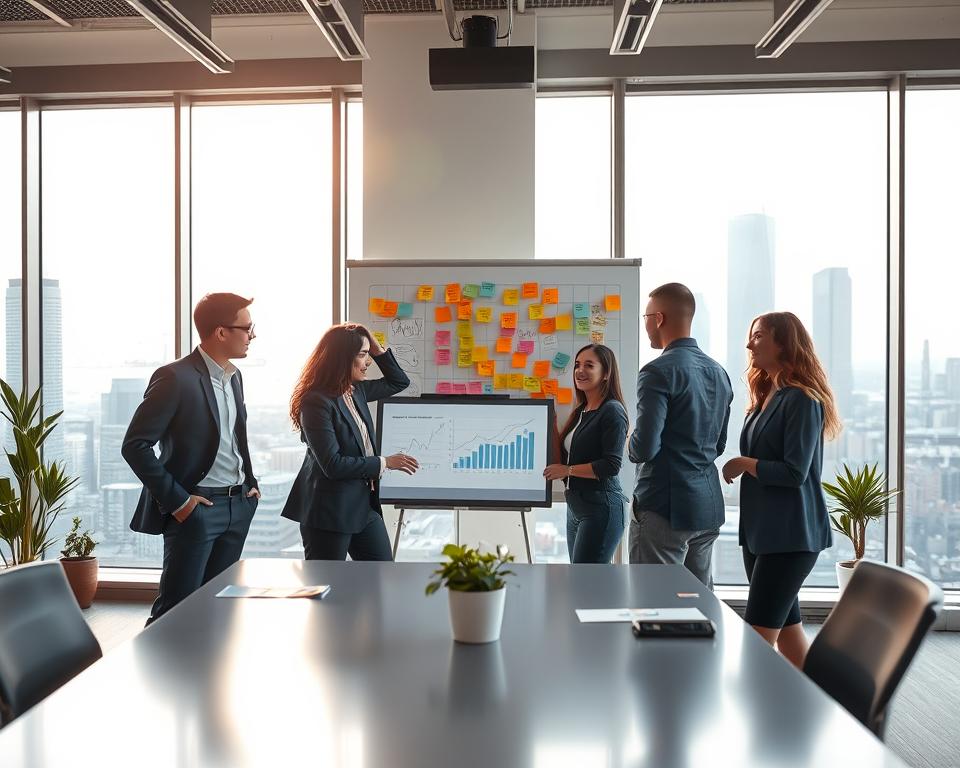 A modern office environment filled with diverse professionals engaged in brainstorming innovative business models. In the foreground, a group of three people in professional business attire stands around a sleek table, passionately discussing graphs and charts displayed on a digital screen. The middle layer features a large whiteboard filled with colorful post-it notes and strategic ideas. The background showcases a city skyline through floor-to-ceiling windows, with soft sunlight streaming in, creating a bright and dynamic atmosphere. The scene captures a sense of collaboration and forward-thinking, with a focus on financial growth and scalability of business concepts. The overall mood is optimistic and inspiring, ideal for entrepreneurial innovation.