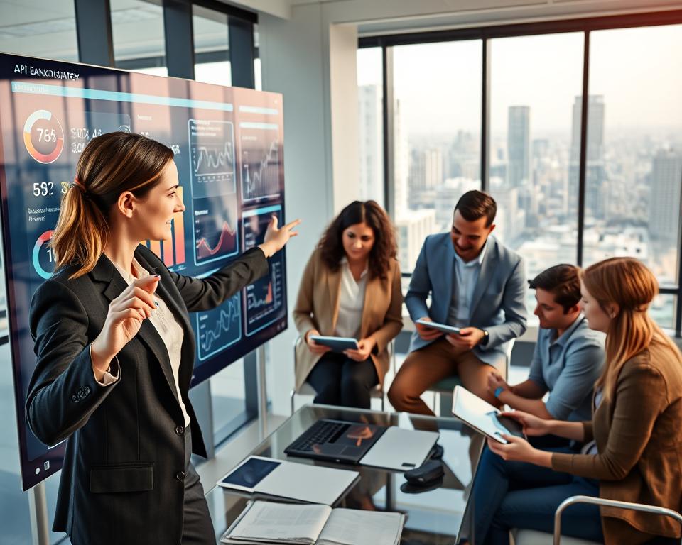 A modern office environment showcasing a diverse group of professionals collaborating on an API banking strategy. In the foreground, a confident female project manager in business attire points at a digital dashboard filled with intricate metrics and graphs, illustrating key indicators of strategy success. The middle ground features a diverse group of colleagues, including a mixed-gender and multi-ethnic team, analyzing data on tablets and laptops, deep in discussion. The background includes floor-to-ceiling windows revealing a bustling cityscape, symbolizing growth and innovation. Soft, natural lighting floods the room, enhancing a productive and vibrant atmosphere. Shot from a slightly elevated angle to capture the team's engagement and the visuals of the data on the screens.
