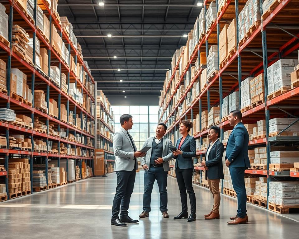 A modern warehouse setting filled with neatly organized shelves of inventory, showcasing various products prominently displayed. In the foreground, a diverse group of professionals in business attire discusses strategies, using a digital tablet to analyze inventory data. The middle ground features an automated inventory management system displaying real-time stock levels. The background reveals large windows allowing natural light to flood the space, casting soft shadows on the polished concrete floor. The atmosphere is focused and productive, emphasizing efficiency and collaboration in inventory management. Capture this scene with a wide-angle lens to provide a comprehensive view of the logistics environment, enhancing the vitality of the operation.