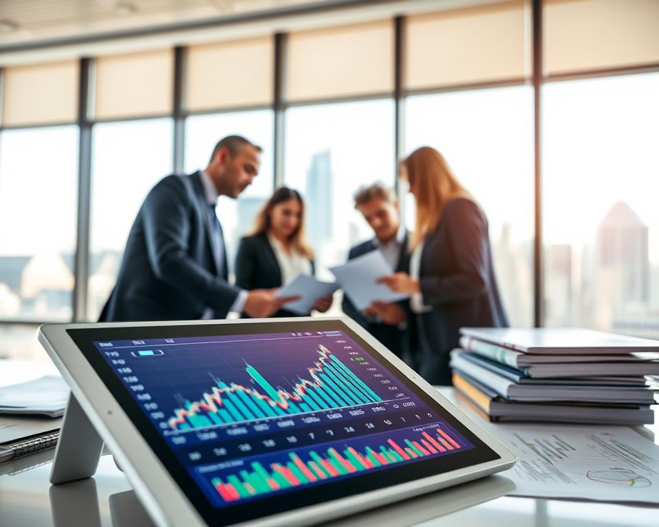 A neatly arranged display of popular dividend-paying stocks, featuring vibrant stock charts and graphical representations of financial growth. In the foreground, a sleek tablet shows a colorful stock analysis app with upward-trending graphs. The middle ground features a small group of professionals in business attire, engaged in focused discussion over printed stock reports and financial data, conveying a sense of collaboration and investment strategy. In the background, a large window reveals a bright city skyline, symbolizing economic opportunities. Soft, natural lighting illuminates the scene, creating an optimistic and professional atmosphere. The composition is framed from a slightly elevated angle to capture both the tablet and the professionals’ interactions clearly.